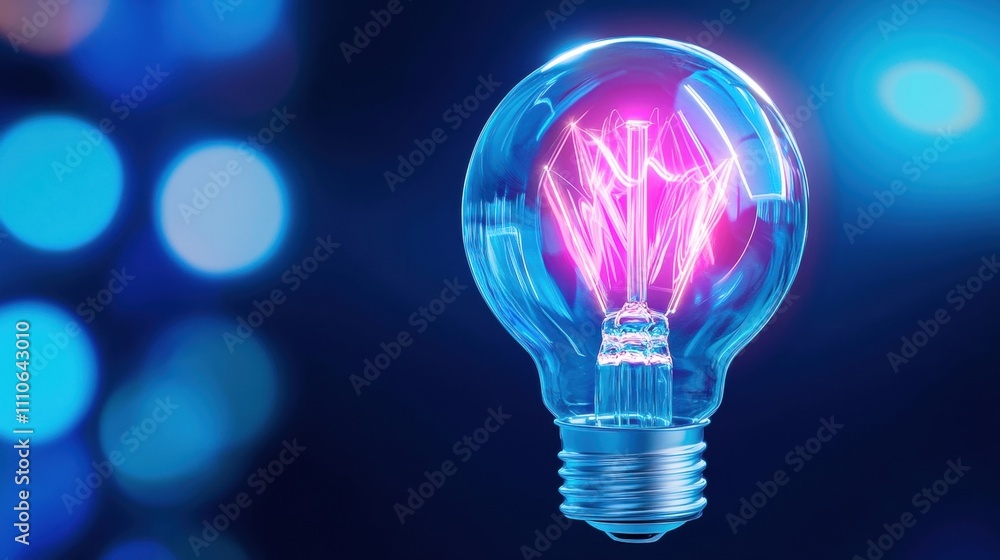 Bright light bulb glowing with vibrant pink filament and blue background.