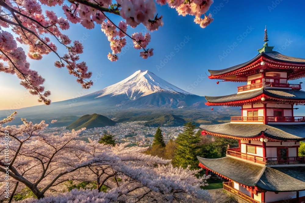Fototapeta premium Captivating Japanese Landscapes: Cherry Blossoms, Mount Fuji, and Traditional Temples in High Depth of Field Showcasing the Beauty of Japan's Nature and Culture