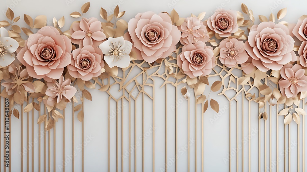 Elegant 3D Floral Wedding Backdrop Featuring Soft Pink Roses and Geometric Leaf Patterns Ideal for Ceremonies, Celebrations, and Special Events Elegant 3D Floral Wedding Backdrop Featuring Soft Pink Roses and Geometric Leaf Patterns Ideal for Ceremonies, Celebrations, and Special Events