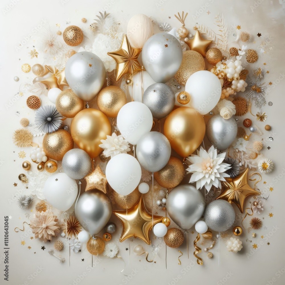 Festive and elegant layout with a collection of gold, silver, and white balloons clustered at the top
Festive and elegant layout with a collection of gold, silver, and white balloons clustered at the top