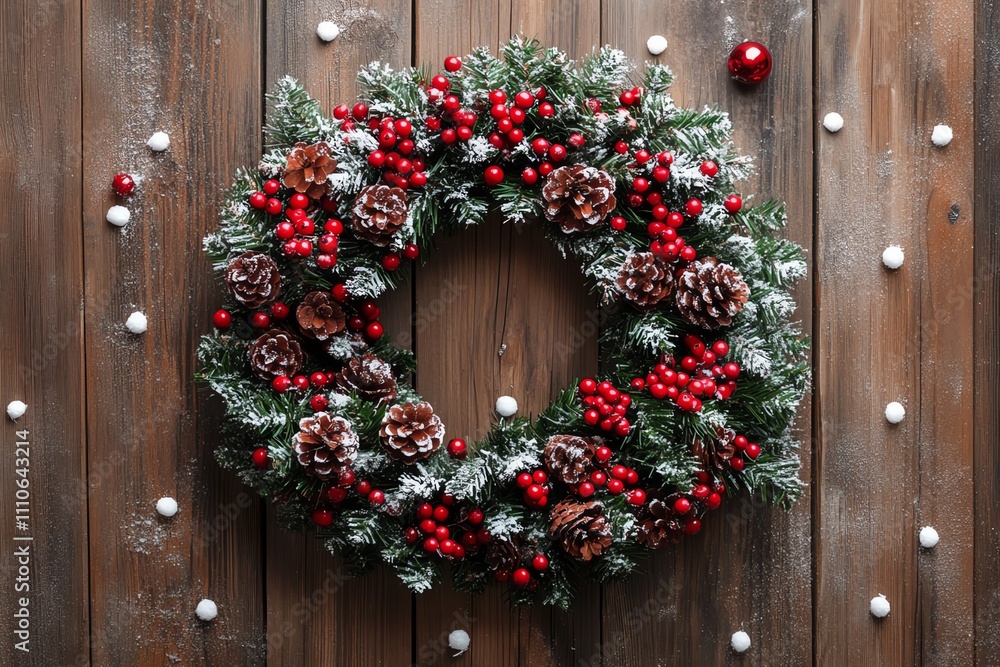 Christmas wreath on a rustic wooden door, holly berries and snow-dusted pinecones, charming holiday vibe Christmas wreath on a rustic wooden door, holly berries and snow-dusted pinecones, charming holiday vibe