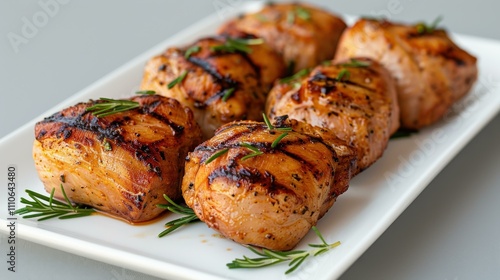 Grilled Quail with rosemary sprigs in Outdoor picnic table with gourmet plating, Meat photography