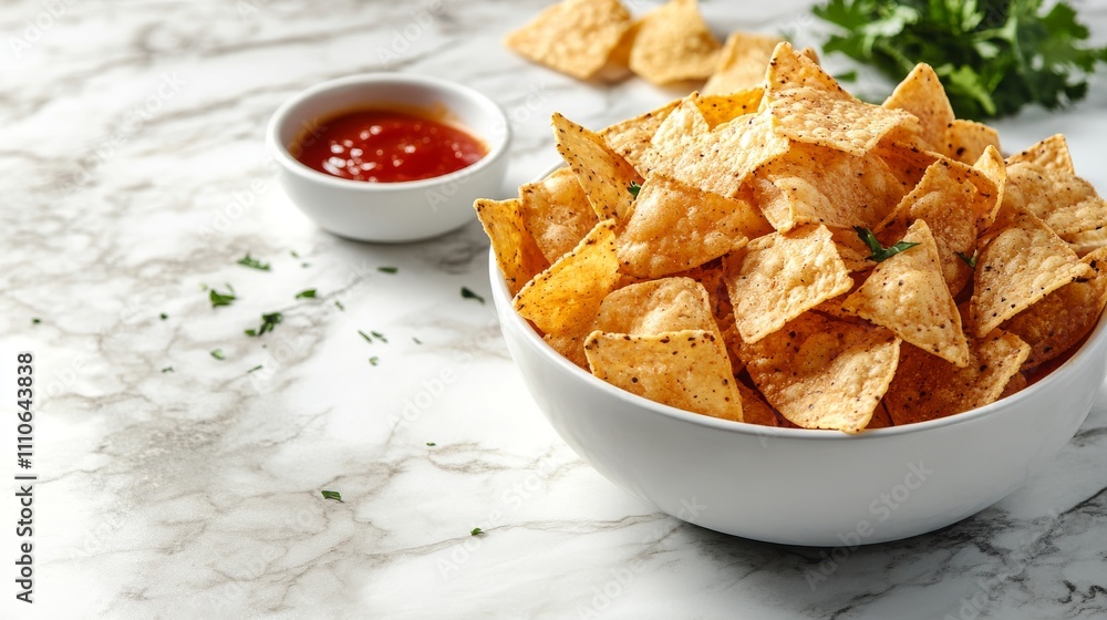 A Bowl of Tortilla Chips with Salsa and Parsley A Bowl of Tortilla Chips with Salsa and Parsley