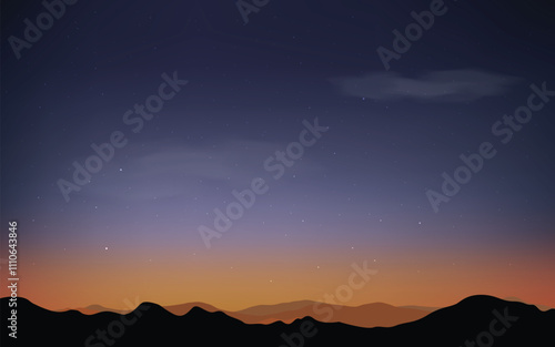 Silhouettes of panoramic mountains view landscape with stars	
