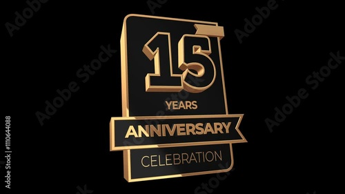 15 years, 15th anniversary logo, loop, looped video in 3D Gold with Alpha channel,  isolated transparent background