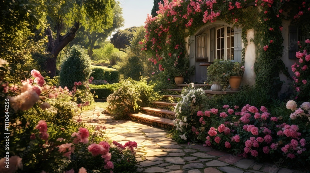 Naklejka premium A photo of a cottage-style garden with climbing roses