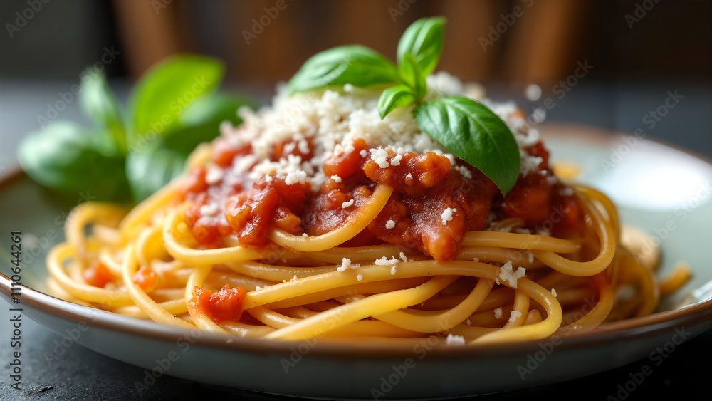 Exquisite Presentation of Bucatini all'Amatriciana with Rich Flavors and Garnishes Exquisite Presentation of Bucatini all'Amatriciana with Rich Flavors and Garnishes