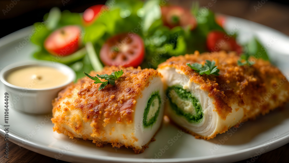Intricate Close-Up of Crispy Chicken Kiev with Herby Filling and Creamy Garlic Sauce Beneath Natural Light Intricate Close-Up of Crispy Chicken Kiev with Herby Filling and Creamy Garlic Sauce Beneath Natural Light