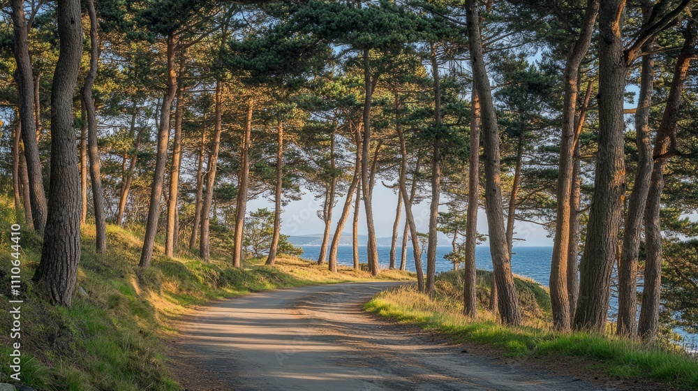 Fototapeta premium A winding coastal road lined with tall pine trees, with the ocean visible through the trees
