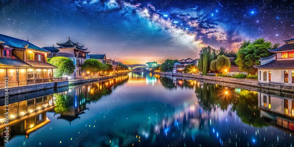 Captivating Long Exposure Night Scene of Zhuozhou's Serene Waterways with Reflections of City Lights and Starry Sky Overhead for a Tranquil Atmosphere Captivating Long Exposure Night Scene of Zhuozhou's Serene Waterways with Reflections of City Lights and Starry Sky Overhead for a Tranquil Atmosphere