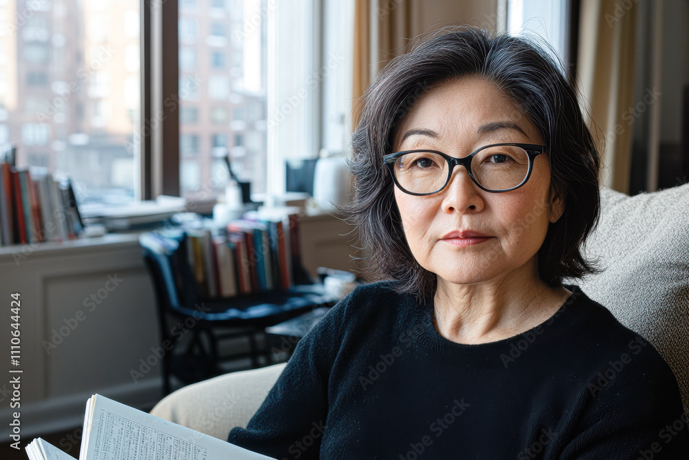 Older Woman Enjoys Reading in a Cozy Urban Apartment Setting with Natural Light Older Woman Enjoys Reading in a Cozy Urban Apartment Setting with Natural Light