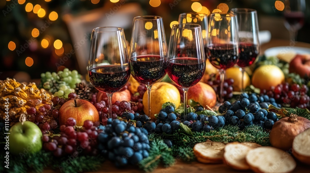 A carefully arranged festive table full of vibrant fruits and elegant red wine glasses, capturing the spirit of celebration and enjoyment in a cozy atmosphere. A carefully arranged festive table full of vibrant fruits and elegant red wine glasses, capturing the spirit of celebration and enjoyment in a cozy atmosphere.