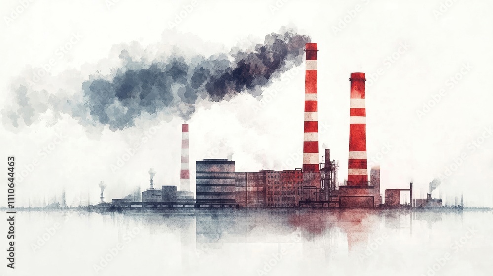 Obraz premium Industrial landscape with smokestacks emitting pollution on a misty background.