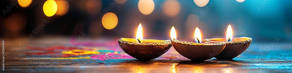 Three illuminated candles glowing warmly against a colorful background, creating a serene and festive ambiance. Three illuminated candles glowing warmly against a colorful background, creating a serene and festive ambiance.