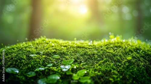 Lush Green Moss In Sunlight Forest Setting