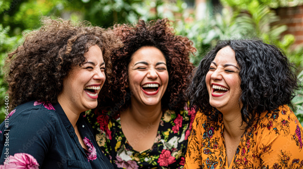 Three Friends Share Joyful Laughter in a Lush Outdoor Setting Three Friends Share Joyful Laughter in a Lush Outdoor Setting