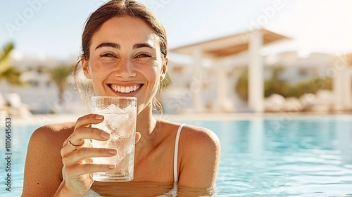 Woman relax pool concept.A cheerful woman enjoys a refreshing drink while relaxing in a sunny pool, exuding joy and summer vibes.