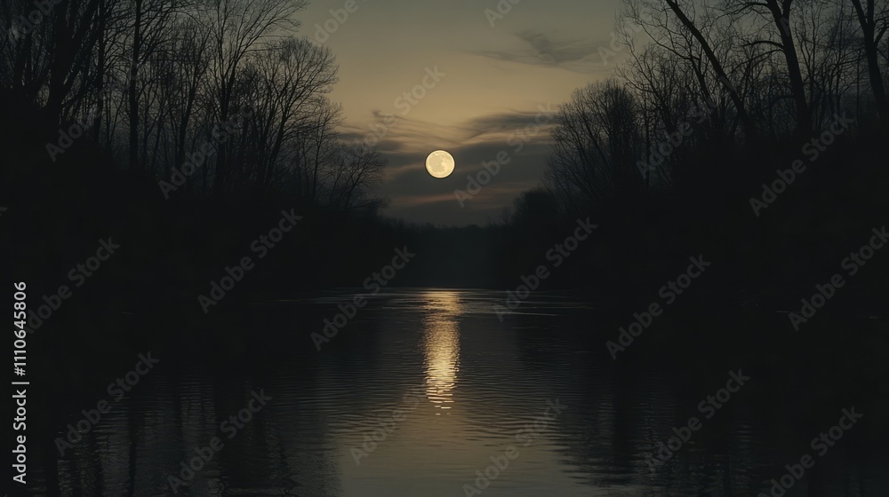 The glow of a full moon reflecting on a calm river, surrounded by dark silhouettes of trees
