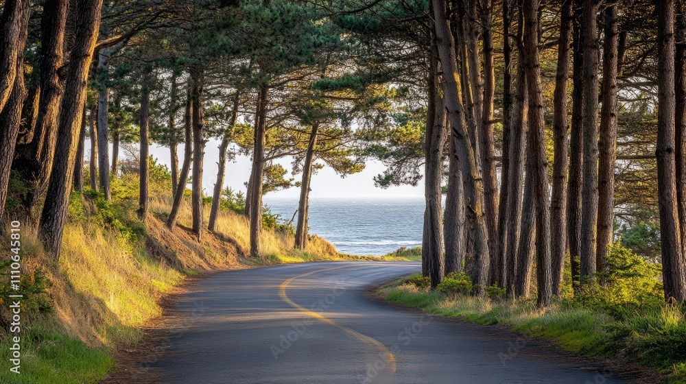Obraz premium A winding coastal road lined with tall pine trees, with the ocean visible through the trees. 