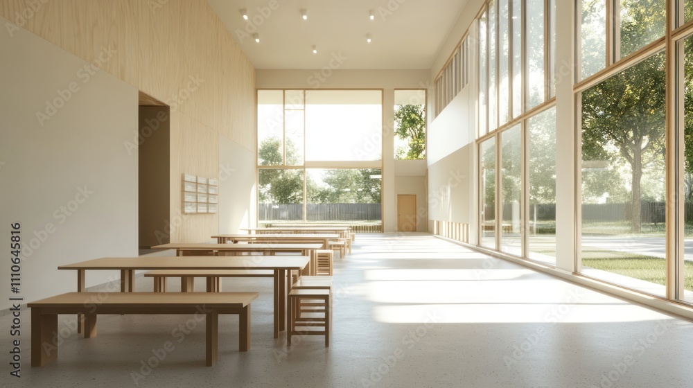 Fototapeta premium Modern Minimalist Classroom Design: Sunlight-Filled Learning Space