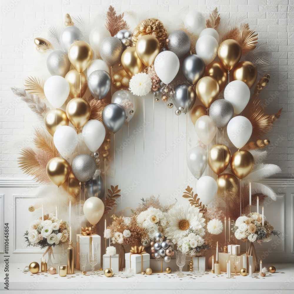 Festive and elegant layout with a collection of gold, silver, and white balloons clustered at the top
Festive and elegant layout with a collection of gold, silver, and white balloons clustered at the top