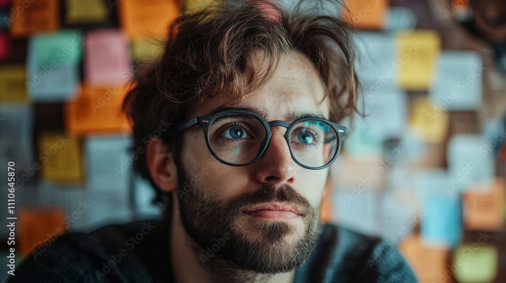 Thoughtful Man with Glasses Against Colorful Notes Thoughtful Man with Glasses Against Colorful Notes
