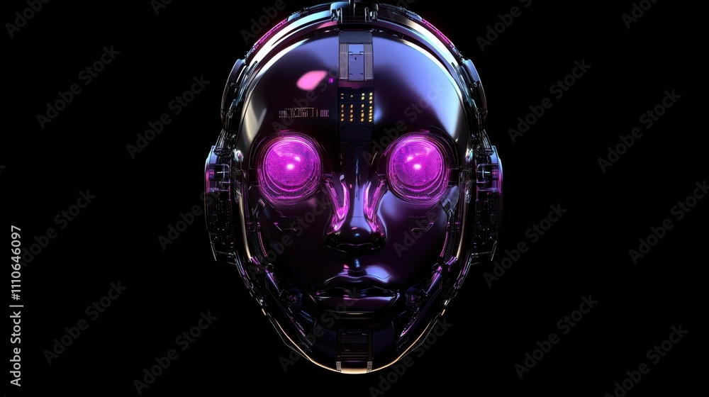 Fototapeta premium A 3D AI chatbot face illuminated by futuristic data streams, integrated with a powerful CPU