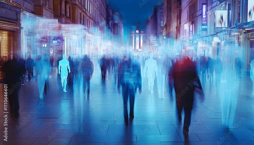 Obraz premium Abstract image of blurred city crowd at night with translucent figures overlaid, conveying a sense of urban anonymity and digital overlay.