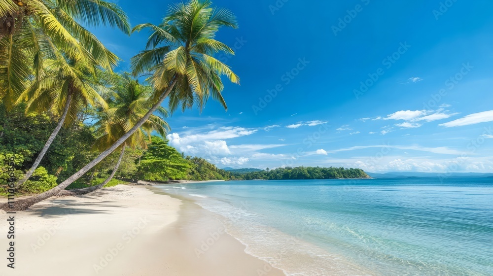 Obraz premium A tropical beach with tall palm trees leaning over the soft white sand, the water crystal-clear