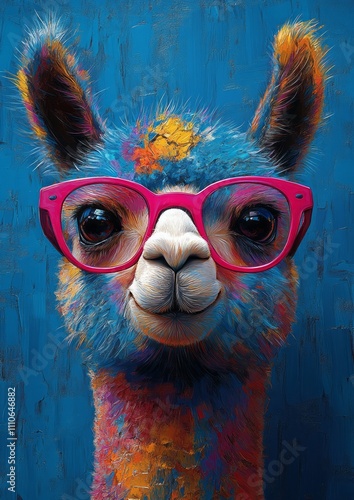 Quirky colorful llama wearing vibrant pink glasses against a bold blue background, perfect for fun branding, creative campaigns, and modern art designs.