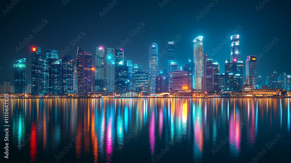 Fototapeta premium digital and modern building with neon light effects background, modern stylist digital light building with shiny neon light effect, abstract ultra modern light effect of cityscape with buildings.