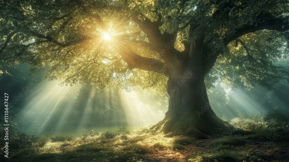 Obraz premium Rays of light breaking through the branches of a tree, creating a sunlit spot on the ground