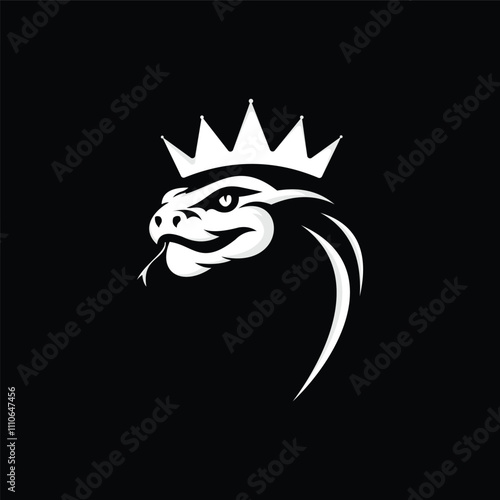 vector black and white illustration of crowned cobra head, king cobra head isolated on black background
