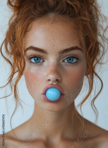 Close-up portrait of a freckled woman with blue eyes blowing bubble gum, ideal for youth-centric campaigns, beauty advertisements, and playful editorial content.