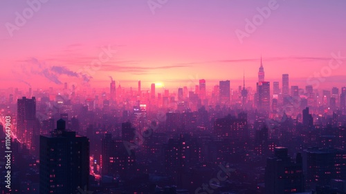 Pink Sunset Over a Futuristic City Skyline