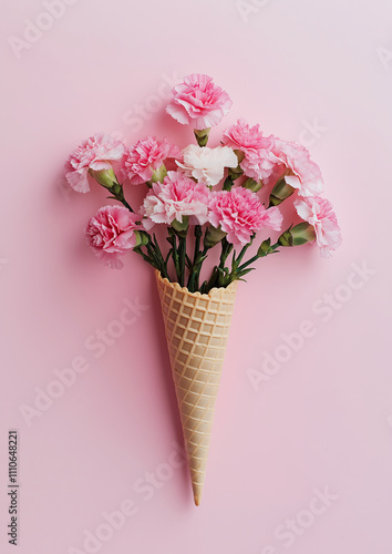 Carnation flowers arranged in an ice cream cone on a pastel background in a creative display