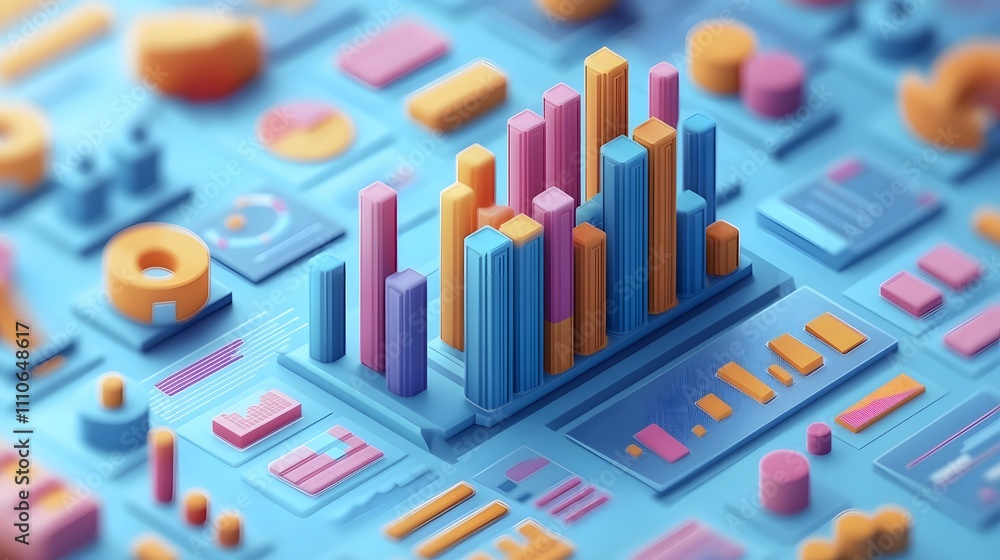Business analytics visualization with 3D charts, graphs, and UI elements, featuring a business person interacting with financial data in blue and orange color scheme, modern tech aesthetic. Business analytics visualization with 3D charts, graphs, and UI elements, featuring a business person interacting with financial data in blue and orange color scheme, modern tech aesthetic.