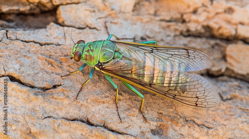 Cicada resting on tree bark, minimal desert-like background Cicada resting on tree bark, minimal desert-like background