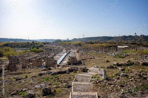 Rows of columns in Perge, Antalya, Turkey. Remains of colonnaded street in Pamphylian ancient city.Rows of columns in Perge, Antalya, Turkey. Ancient Kestros Fountain. Aksu, Antalya photo