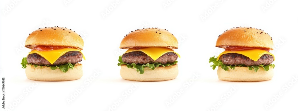 A trio of mini sliders with Angus beef and Swiss cheese, isolated white background, surreal art style A trio of mini sliders with Angus beef and Swiss cheese, isolated white background, surreal art style