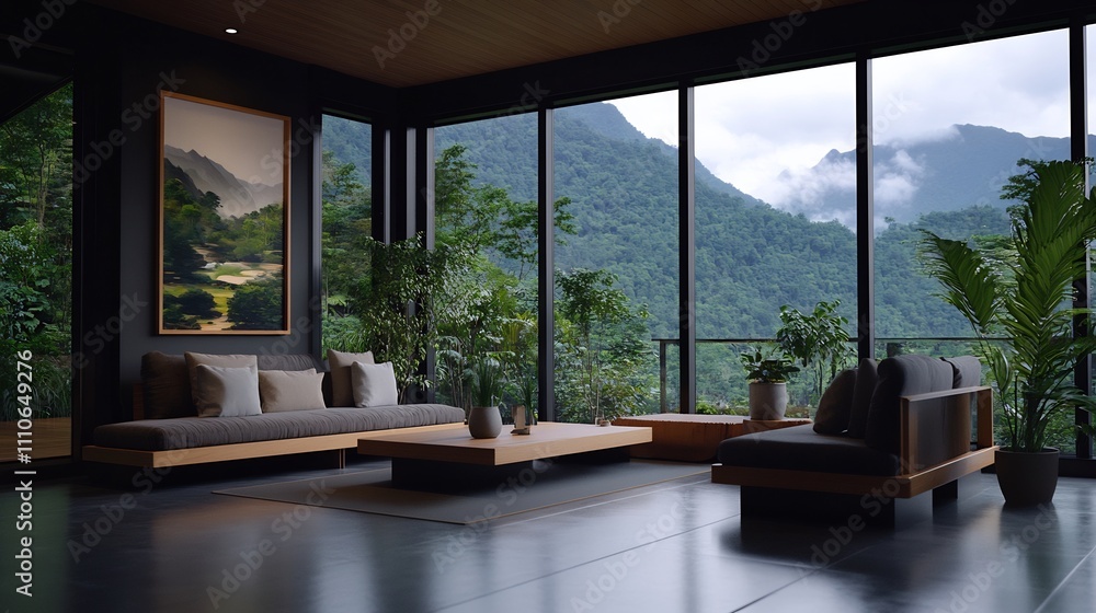 Modern minimalist living room with mountain view. Modern minimalist living room with mountain view.