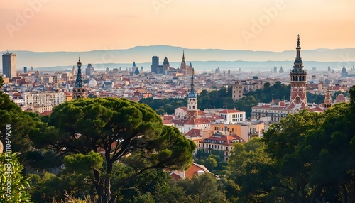 Barcelona city skyline, view from famous Park Güell, Spain travel photo. Guell Park is one of the most popular attractions in Barcelona city.