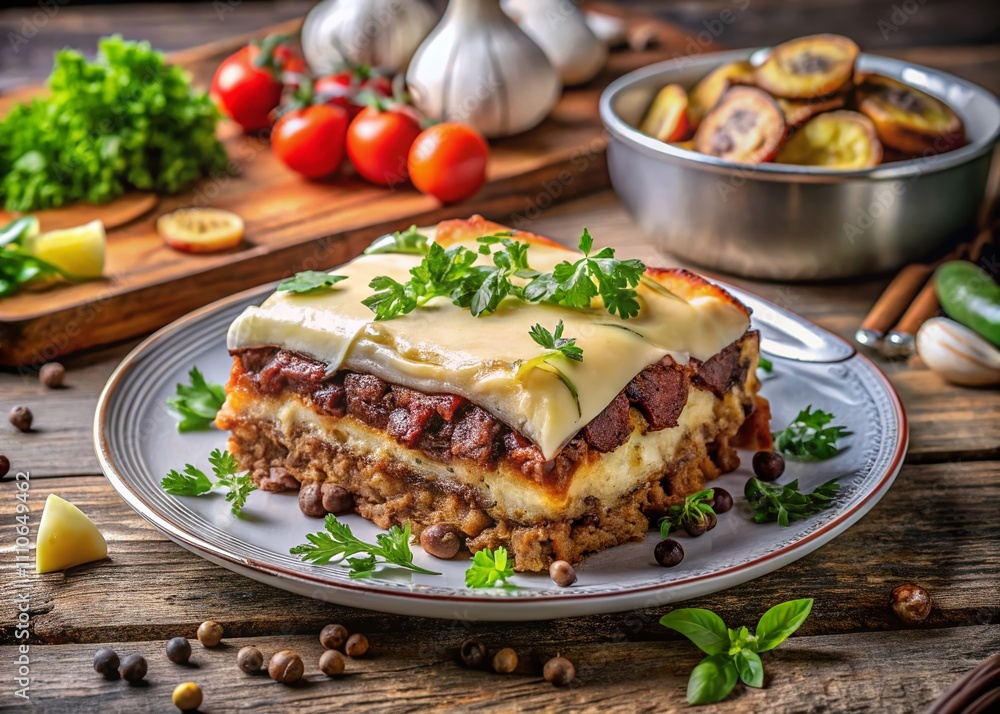 Captivating Moussaka Dish: Layered Greek Casserole with Eggplant, Minced Meat, Potatoes, and Creamy Béchamel Sauce Perfect for Food Lovers and Culinary Enthusiasts Captivating Moussaka Dish: Layered Greek Casserole with Eggplant, Minced Meat, Potatoes, and Creamy Béchamel Sauce Perfect for Food Lovers and Culinary Enthusiasts