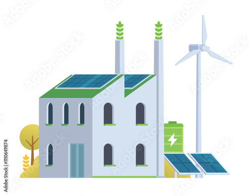 Green sustainable factory building vector illustration, flat style element for city and industry illustration