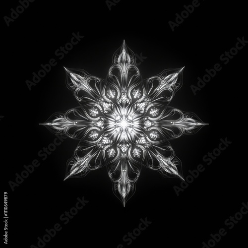 An isolated snowflake on a black background, with perfect symmetry and delicate details shining brightly against the dark backdrop