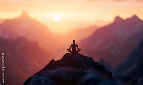 Meditative Man Silhouetted Against Sunset Mountain Range