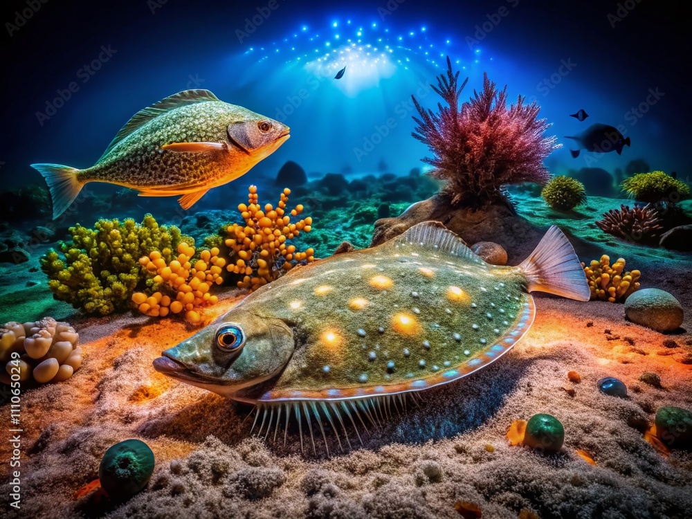 Captivating Night Photography of Flatfish in Their Natural Habitat, Showcasing the Unique Patterns and Textures of Flounder and Halibut Under Moonlight Reflections Captivating Night Photography of Flatfish in Their Natural Habitat, Showcasing the Unique Patterns and Textures of Flounder and Halibut Under Moonlight Reflections