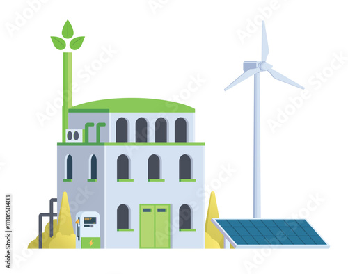 Green sustainable factory building vector illustration, flat style element for city and industry illustration