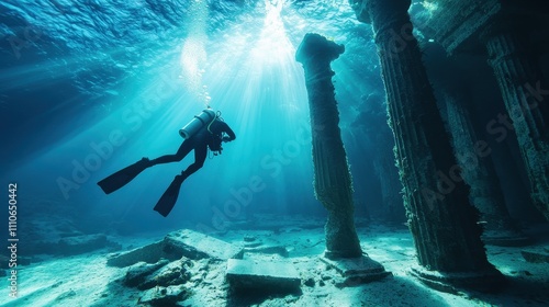 Diver silhouetted against the massive structure of a sunken underwater city, lost to time and covered in marine growth, [Deep sea], [underwater archaeology] photo