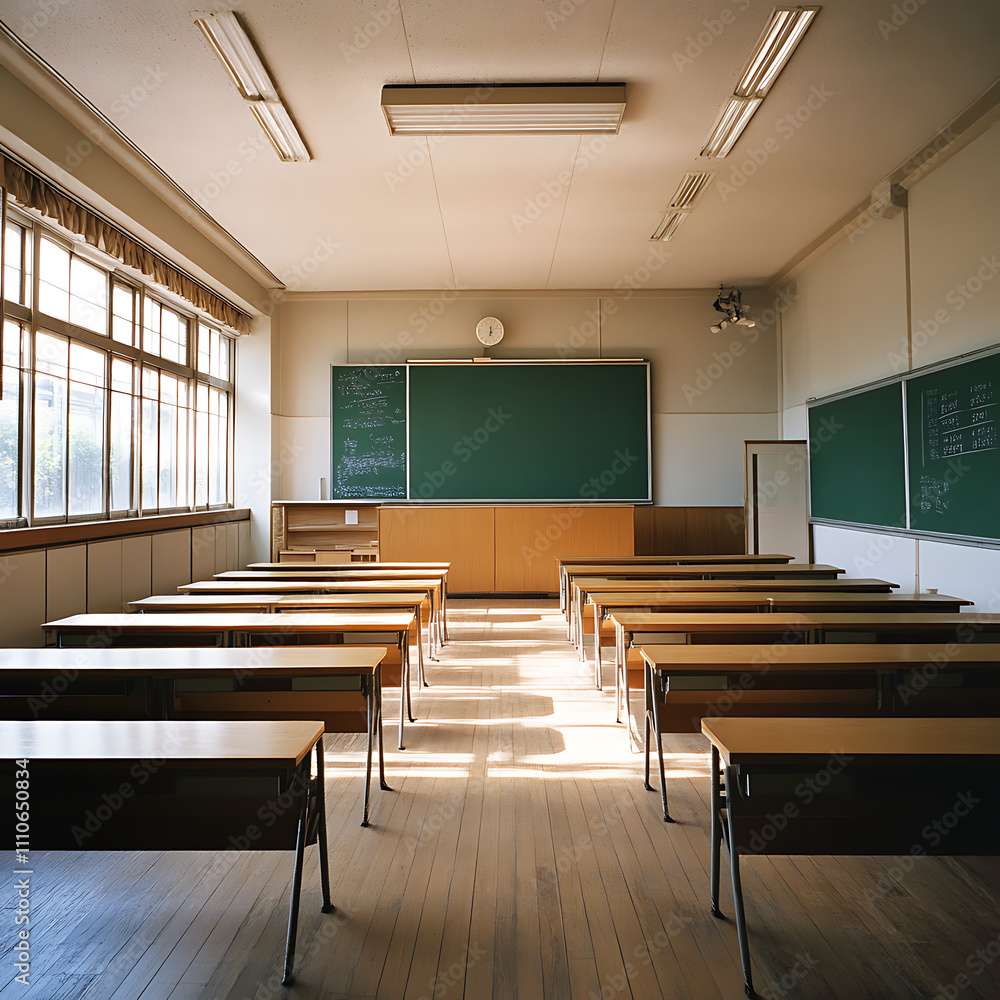 Sunlight Streaming into an Empty Classroom: Rows of Desks and a Chalkboard Await Students Sunlight Streaming into an Empty Classroom: Rows of Desks and a Chalkboard Await Students
